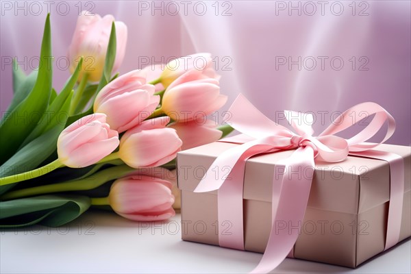 Gift Box with Pink Ribbon Beside bouquet of Fresh Tulips on Bokeh Background. Good for Valentine day, March 8, mother day, spring holidays, birthday designs, AI generated