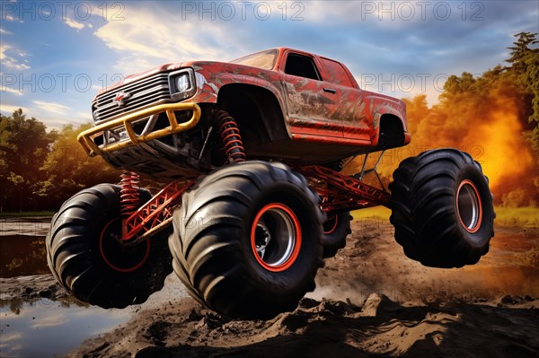 Monster truck driving and jumping outdoors amidst a cloud of dust. Thrill and adrenaline of an outdoor racing event on off-road terrain, AI generated