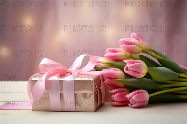 Gift Box with Pink Ribbon Beside bouquet of Fresh Tulips on Bokeh Background. Good for Valentine day, March 8, mother day, spring holidays, birthday designs, AI generated