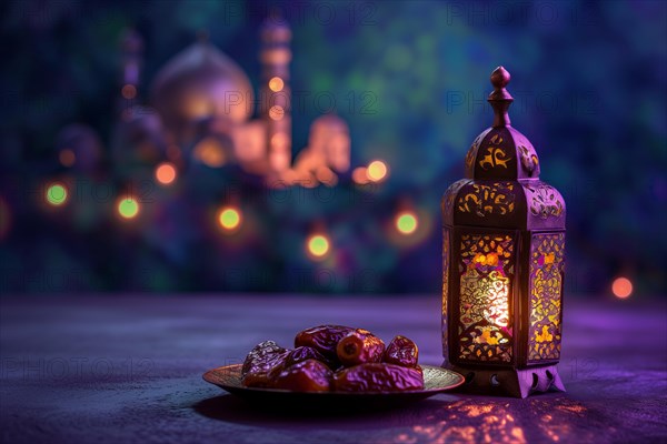 Ramadan lantern with a plate of succulent figs in violet purple tones with mosque, set on an ornate table with intricate designs. Rich traditions and serene moments of the holy month Ramadan, AI generated