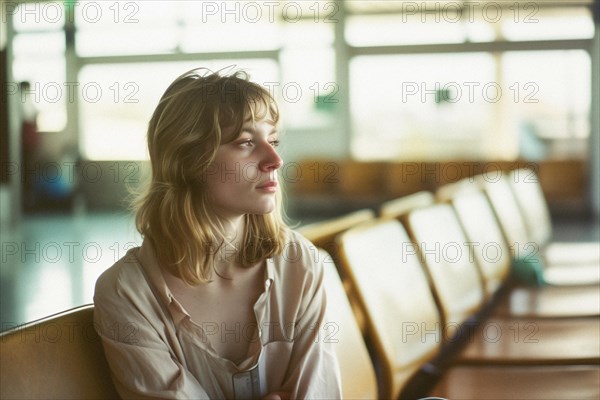 Tired woman in a waiting room, AI generated