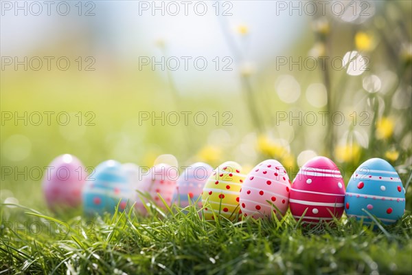 Colorful easter eggs in a row on grass with blurry background. KI generiert, generiert AI generated