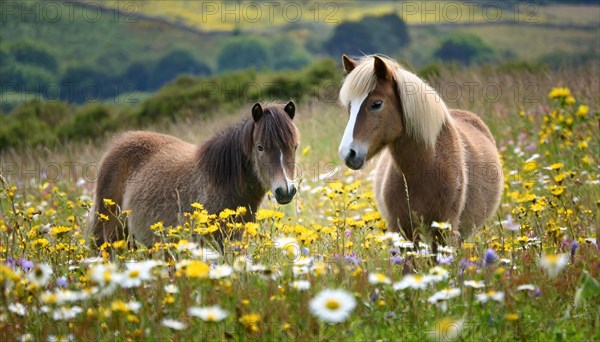 KI generated, animal, animals, mammal, mammals, biotope, habitat, two, flower meadow, foraging, wildlife, meadow, pasture, Exmoor pony, horse, horses, ungulates, English pony breed, South West England, Exmoor, (Equus ferus caballus), foal