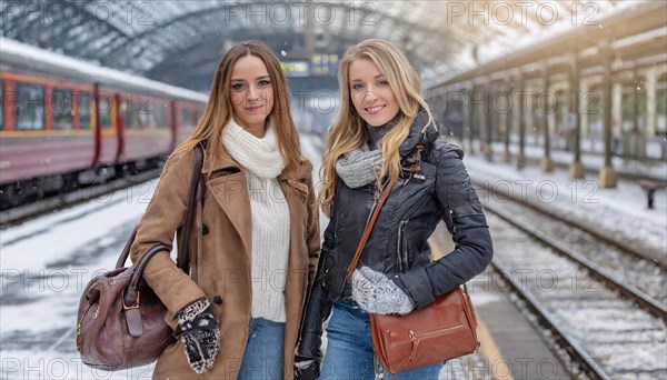 AI generated, Two young blonde woman want to travel and wait for the train at the station, 20, 25, blond, blonde, blonde, modern, noderne, aluminium suitcase, handbag, fur jacket, boots, sexy, attractive, attractive, long-haired, transport, traffic