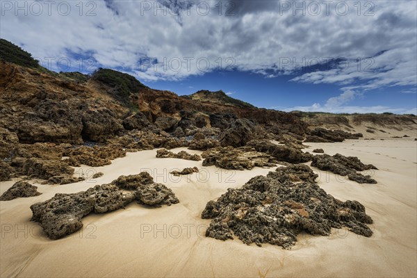 Rocky beach landscape, rocks, sea, Atlantic coast, rocky coast, rock formation, natural landscape, red, beach, Atlantic, ocean, travel, nature, geology, geological history, Southern Europe, Carrapateira, Algarve, Portugal, Europe