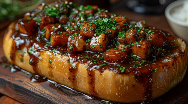 Close-up of Japanese bunny chow with cheese sauce and chopped parsley, ai generated, AI generated