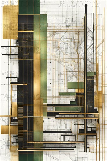Detailed sectional view of a modern building with green and gold accents, vertical aspect ratio, off white background color AI generated