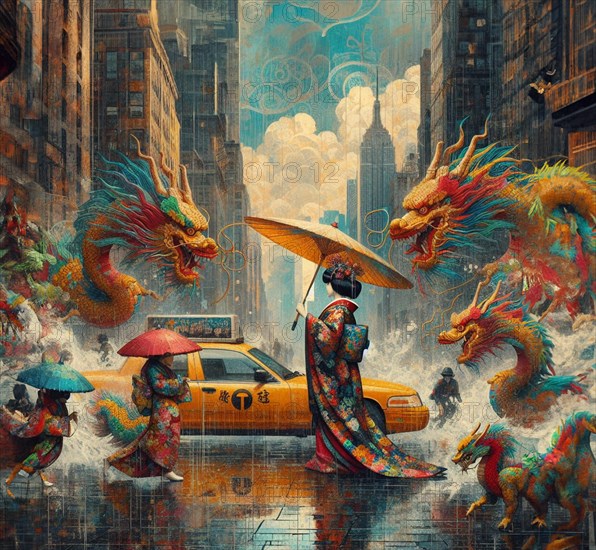 Vibrant fantasy art of a person in traditional asian silky long tailed dress amongst dragons in a rainy city with taxis, shunga vintage japanese themed style art, AI generated