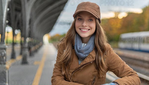 AI generated, A young blonde woman wants to travel and waits for the train at the station, 20, 25, blonde, blond, blonde, modern, modern, aluminium suitcase, handbag, fur jacket, white, sneakers, shoes, sexy, attractive, attractive, long-haired, transport, traffic