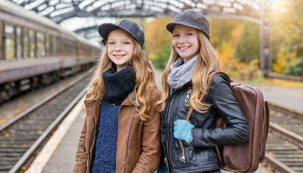 AI generated, Two young blonde woman want to travel and wait in the station for the train, 18, blond, blonde, modern, modern, suitcase, handbag, leather jacket, white, sneakers, shoes, sexy, attractive, attractive, long-haired, transport, traffic