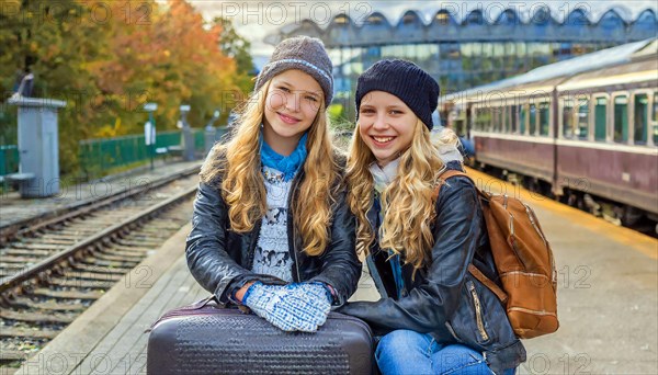 AI generated, Two young blonde woman want to travel and wait in the station for the train, 18, blond, blonde, modern, modern, suitcase, handbag, leather jacket, white, sneakers, shoes, sexy, attractive, attractive, long-haired, transport, traffic