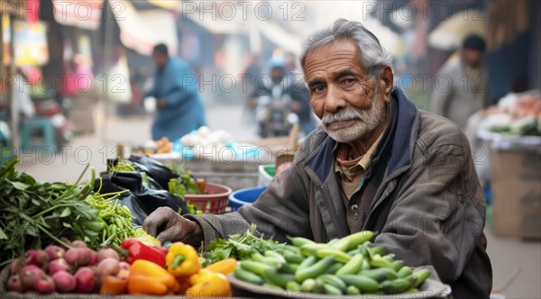 Elderly vendor with a gray beard and turban selling green vegetables at a market, ai generated, AI generated