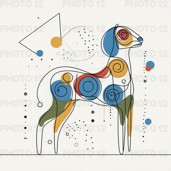 Abstract geometric line art depiction of a deer with primary color accents, continuous line art, creature is stylized and simplified to the most basic geometric forms, exaggerated features, adorned with splashes of primary colors, clean white solid background, with subtle geometric shapes and thin, straight lines that intersect with dotted nodes and overlap the figures. The overall aesthetic is modern and contemporary, AI generated