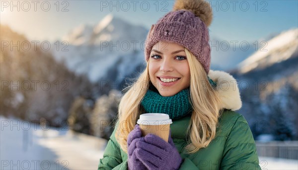 AI generated, human, humans, person, persons, woman, woman, 25, years, one person, outdoor, ice, snow, winter, seasons, drinks, drinking, hat, bobble hat, gloves, winter jacket, cold, cold, coffee, coffee mug, coffee to go