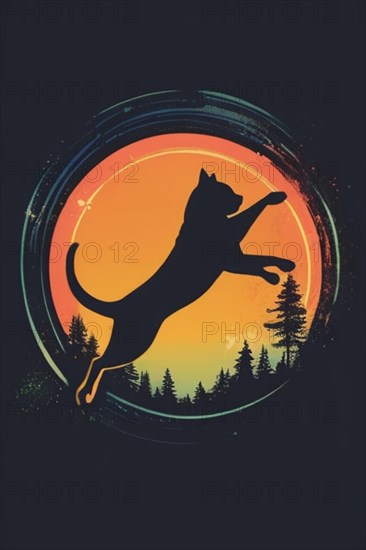 Silhouette of a cat jumping in front of a sunset with trees in the background, minimalist vintage design muted faded, bright background, AI Generated, AI generated