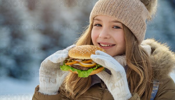 AI generated, human, humans, person, persons, child, children, girl, 10, 12, years, one person, outdoor, ice, snow, winter, seasons, eats, eating, burger, hamburger, cap, bobble hat, gloves, winter jacket, cold, coldness