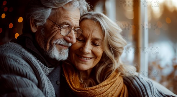 An aging couple embraces tenderly during golden hour, surrounded by a cozy, wintery atmosphere, ai generated, AI generated