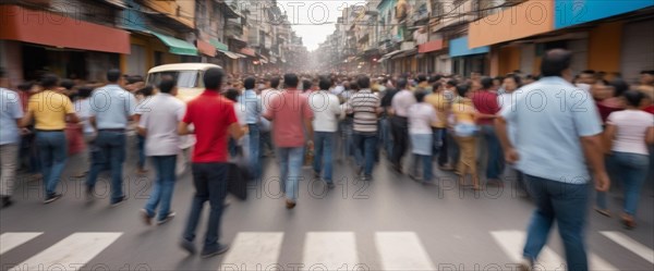Crossing bustling with pedestrians blurred in motion, illustrating urban life, horizontal wide aspect ratio, daylight, AI generated