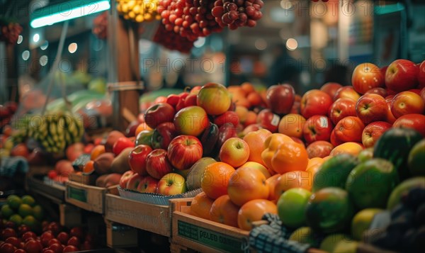 Fruits and vegetables on the counter of a market AI generated