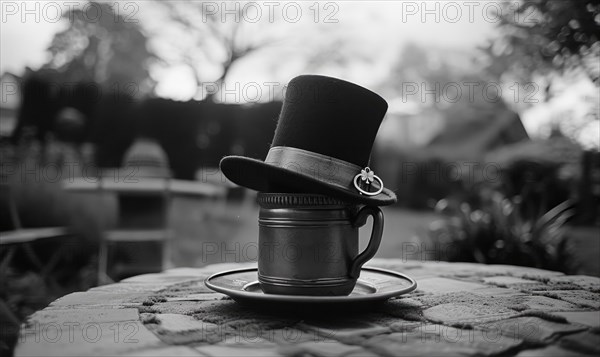 Leprechaun hat and pot of gold closeup. Monochrome photo. AI generated