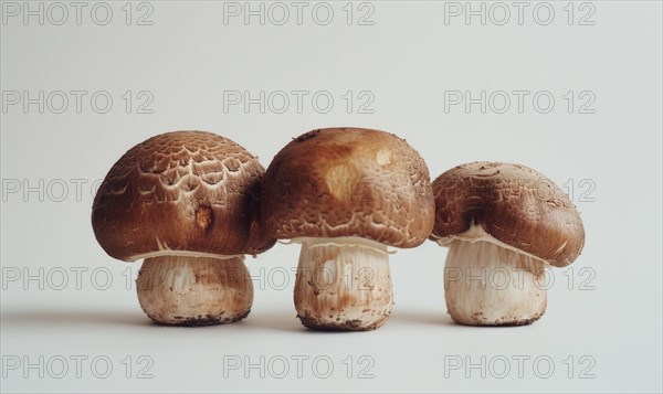 Three brown champignons on a white background, close-up. AI generated