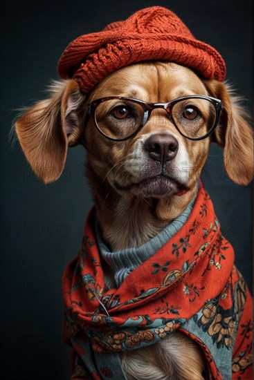 Fashionable dog with glasses, a red beanie, and a patterned scarf looking intrigued, over grey solid studio background, AI generated