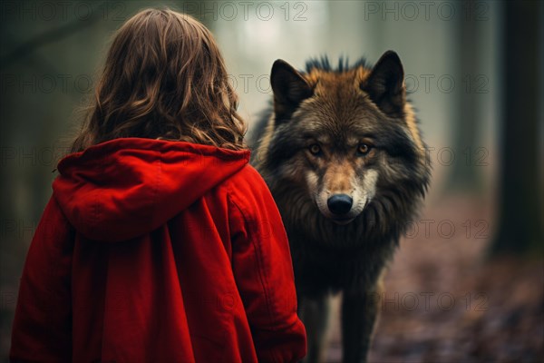 Back view of child or young woman with red riding cloak and blurry wolf in forest in background. KI generiert, generiert AI generated