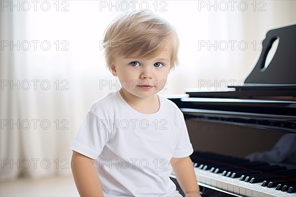 Young boy child sitting next to piano. Music education at young age. KI generiert, generiert AI generated