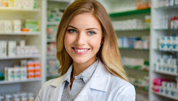 AI generated, A young pharmacist in her pharmacy, portrait, 30, 35, years, female, blonde, blond, blonde, beautiful teeth, smiles, long hair, profession, professions, medicines in the background