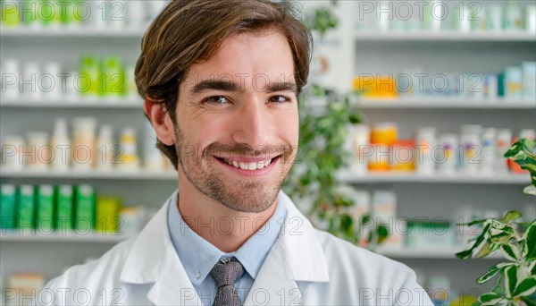 AI generated, A young pharmacist in his pharmacy, portrait, 30, 35, years, man, men, male, bearded, beautiful teeth, smiling, profession, professions, medicines in the background, a person