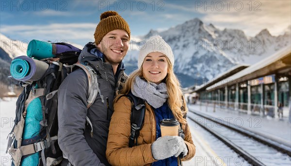 AI generated, woman, woman, man, men, A young couple wants to travel and is waiting for the train at the station, 25, 30, sneakers, shoes, sexy, attractive, attractive, long-haired, handbag, transport, traffic, backpack, bobble hat, coffee to go in hand, coffee, coffee cup, ice, winter, snow, two people sitting on the bench