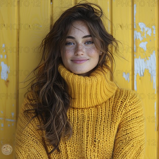 Portrait of a happy woman standing in front of a colored background with a trendy sweater smiling, AI generated