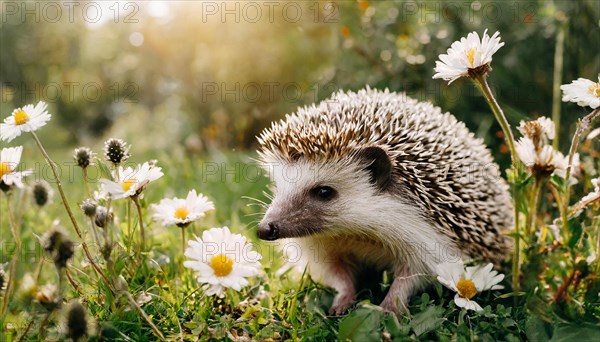 KI generated, animal, animals, mammal, mammals, young hedgehog (Erinaceidae), sitting in flower meadow, spring, a single animal, white and yellow flowers, meadow, lawn