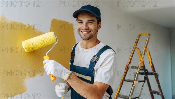 AI generated, man, men, a painter paints a wall with new yellow paint, father, renovation of old flat, paint roller, ladder, yellow, paint, 25, 30, years, a, person, occupation, occupations, leisure activity, family, smiles, smiling, fun at work, laughing, laughing, laughing, friend, partner, man