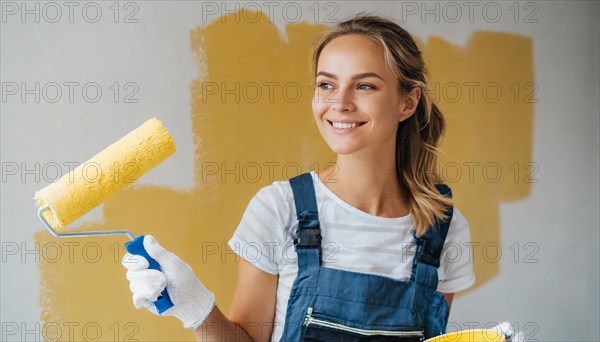 AI generated, woman, woman, a young girl paints a wall with new paint, yellow, yellow, renovation of old flat, paint roller, ladder, paint, 20, 25, years, one, one person, daughter, student, pastime, family, girl, smiling, smiling, fun at work, laughing, laughing, laughing, dungarees, jeans