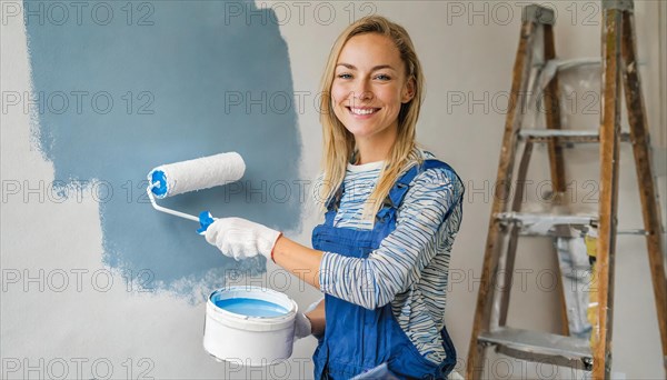 AI generated, woman, woman, a young girl paints a wall with new paint, blue, light blue, blue, light blue, renovation of old flat, paint roller, ladder, paint, 20, 25, years, a, a person, daughter, student, pastime, family, girl, smiles, smiling, fun at work, laughing, laughing, laughing, dungarees, jeans