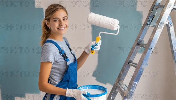 AI generated, woman, woman, a young girl paints a wall with new paint, blue, light blue, blue, light blue, renovation of old flat, paint roller, ladder, paint, 20, 25, years, a, a person, daughter, student, pastime, family, girl, smiles, smiling, fun at work, laughing, laughing, laughing, dungarees, jeans