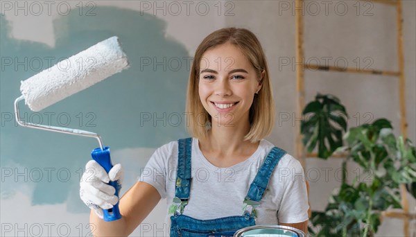 AI generated, woman, woman, a young girl paints a wall with new paint, white, white, renovation of old flat, paint roller, ladder, paint, 20, 25, years, one, one person, daughter, student, pastime, family, girl, smiling, smiling, fun at work, laughing, laughing, laughing, dungarees, jeans