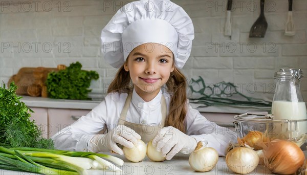 AI generated, human, humans, person, persons, child, children, 8 year old girl cutting onions in a white kitchen, chef hat, smock, cute, cute, beautiful eyes, beautiful teeth, cook, cook, kitchen table, vegetables, onions, garlic