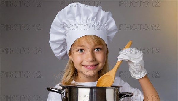 AI generated, human, humans, person, persons, child, children, 8 year old girl cooking a vegetable soup in a white kitchen, chef's hat, smock, cute, cute, cute, beautiful eyes, beautiful teeth, cook, cook, kitchen table, vegetables, onions, garlic