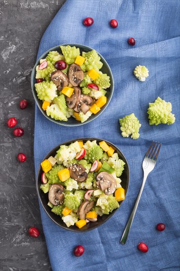 Vegetarian salad from romanesco cabbage, champignons, cranberry, avocado and pumpkin on a black concrete background and blue textile. top view, close up, flat lay