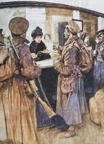 Queen Alexandra as a Christmas fairy. Her Majesty serving soldiers at a free buffet in London 1915, Historic, digitally restored reproduction from a 19th century original, Record date not stated