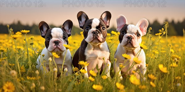 Three French Bulldog dogs in field of yellow flowers. KI generiert, generiert AI generated