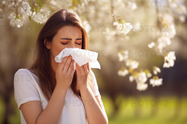 Young brunette woman with seasonal pollen allergies sneezing into paper tiessue. Tree with white flowers in backrgound. KI generiert, generiert AI generated
