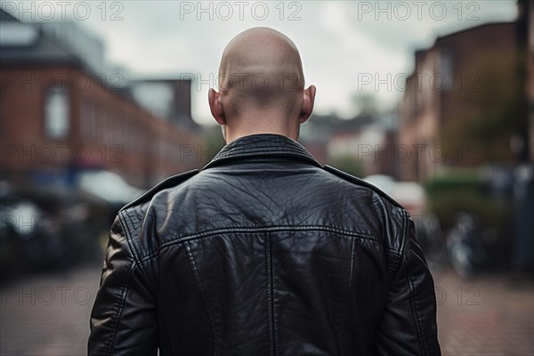Back view of skinhead man with shaved head and leather jacket. KI generiert, generiert AI generated