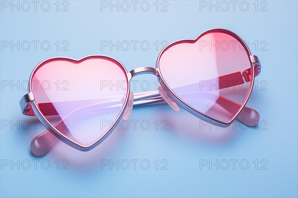 Cute heart shaped sunglasses on pastel blue colored background. KI generiert, generiert AI generated
