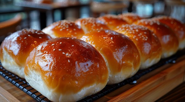 Rows of glistening Japanese bread rolls sprinkled with sesame seeds on a bamboo mat, ai generated, AI generated