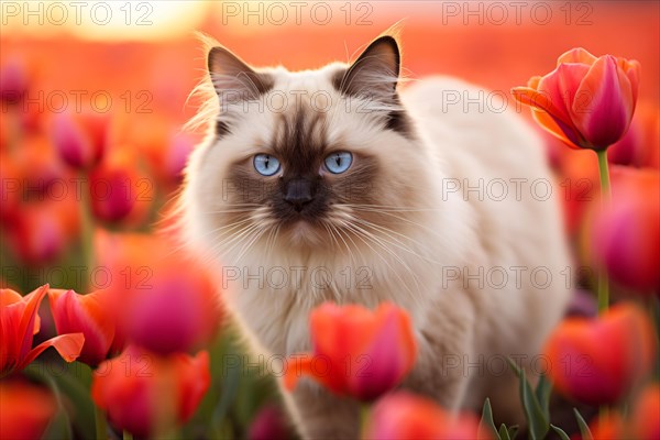Cat in field of pink and red tulip spring flowers. KI generiert, generiert AI generated