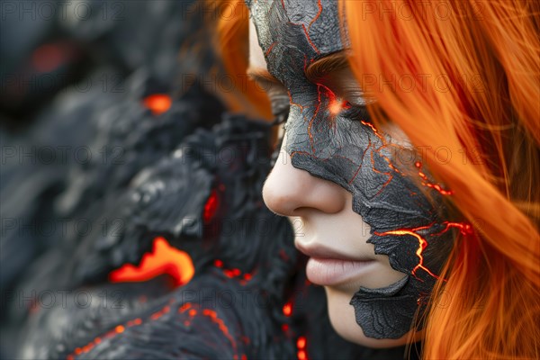 Woman in profile with lava texture surrounded by solidified lava, AI generated, AI generated