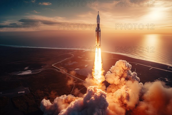 Aerial view of a rocket launch at sunrise sunset over an ocean coast. The rocket is blasting off with a trail of smoke and flames behind it, AI generated